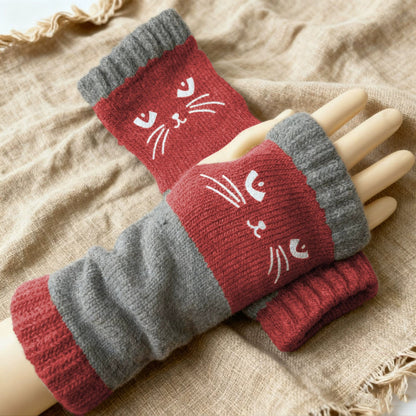 Cilifer®Women's Knitted Fingerless Gloves with Cute Cat Pattern