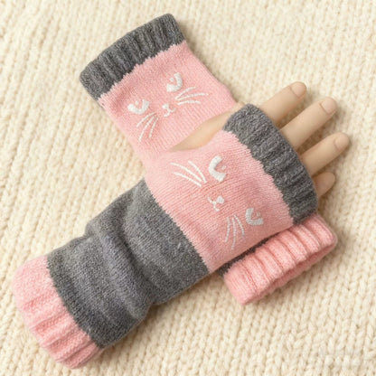Cilifer®Women's Knitted Fingerless Gloves with Cute Cat Pattern