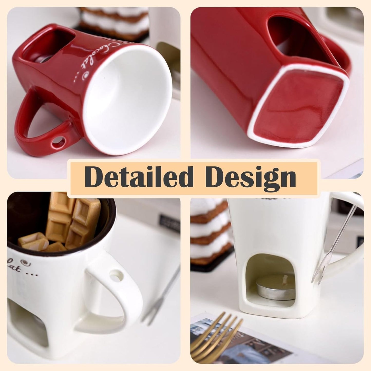 Cilifer®Sweet Fondue Cup. Ceramic Chocolate Melting Cups Tealight with Fork