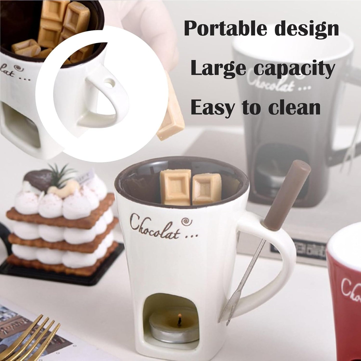 Cilifer®Sweet Fondue Cup. Ceramic Chocolate Melting Cups Tealight with Fork