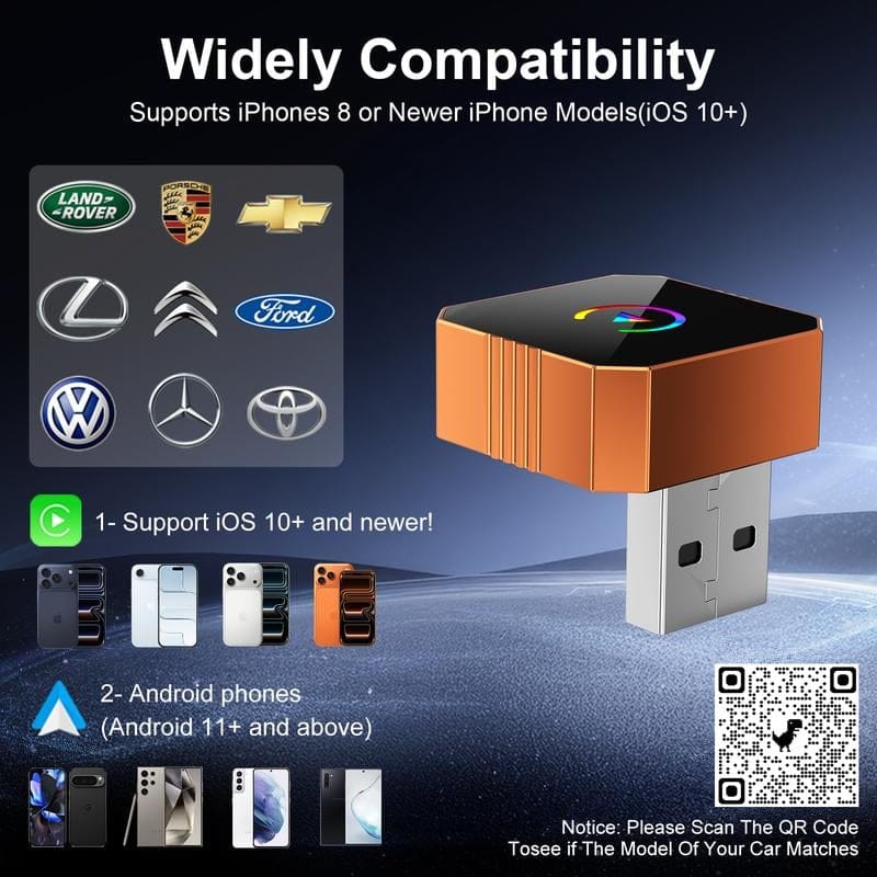 Cilifer®New CarPlay 2026 Wireless Adapter for iPhone/Android Apple 17 Orange Fast Connect No Delay Hands-Free Calling Electronic Charger CarPlay Adapter
