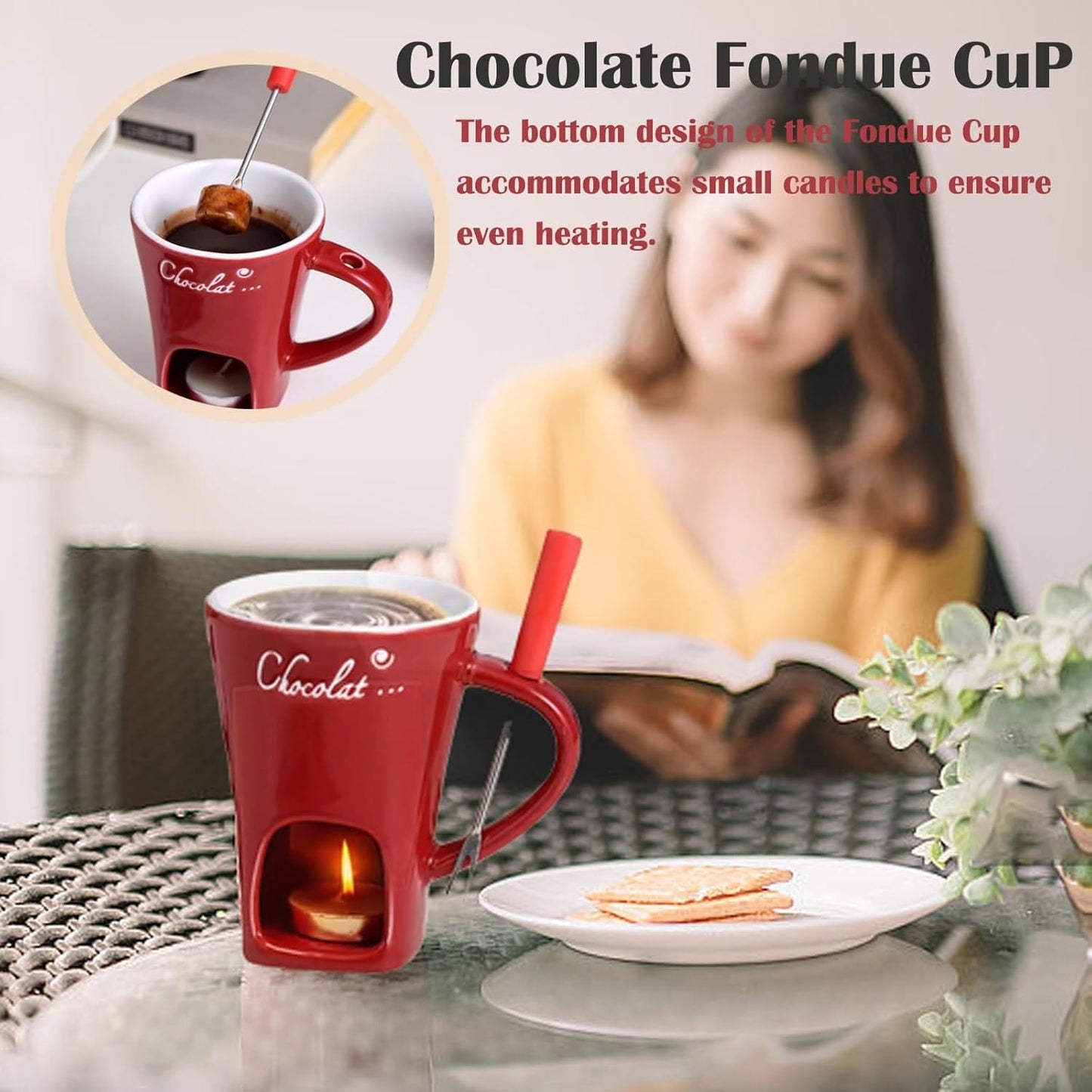Cilifer®Sweet Fondue Cup. Ceramic Chocolate Melting Cups Tealight with Fork