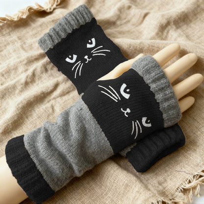 Cilifer®Women's Knitted Fingerless Gloves with Cute Cat Pattern