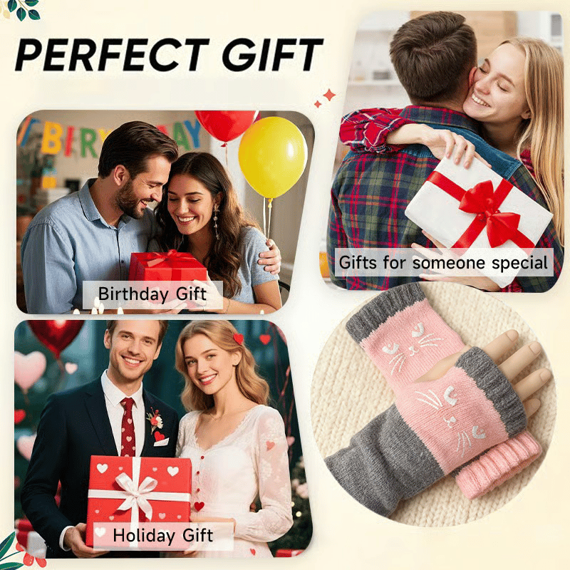 Cilifer®Women's Knitted Fingerless Gloves with Cute Cat Pattern