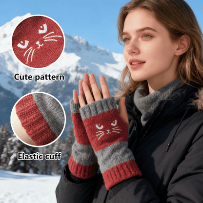 Cilifer®Women's Knitted Fingerless Gloves with Cute Cat Pattern