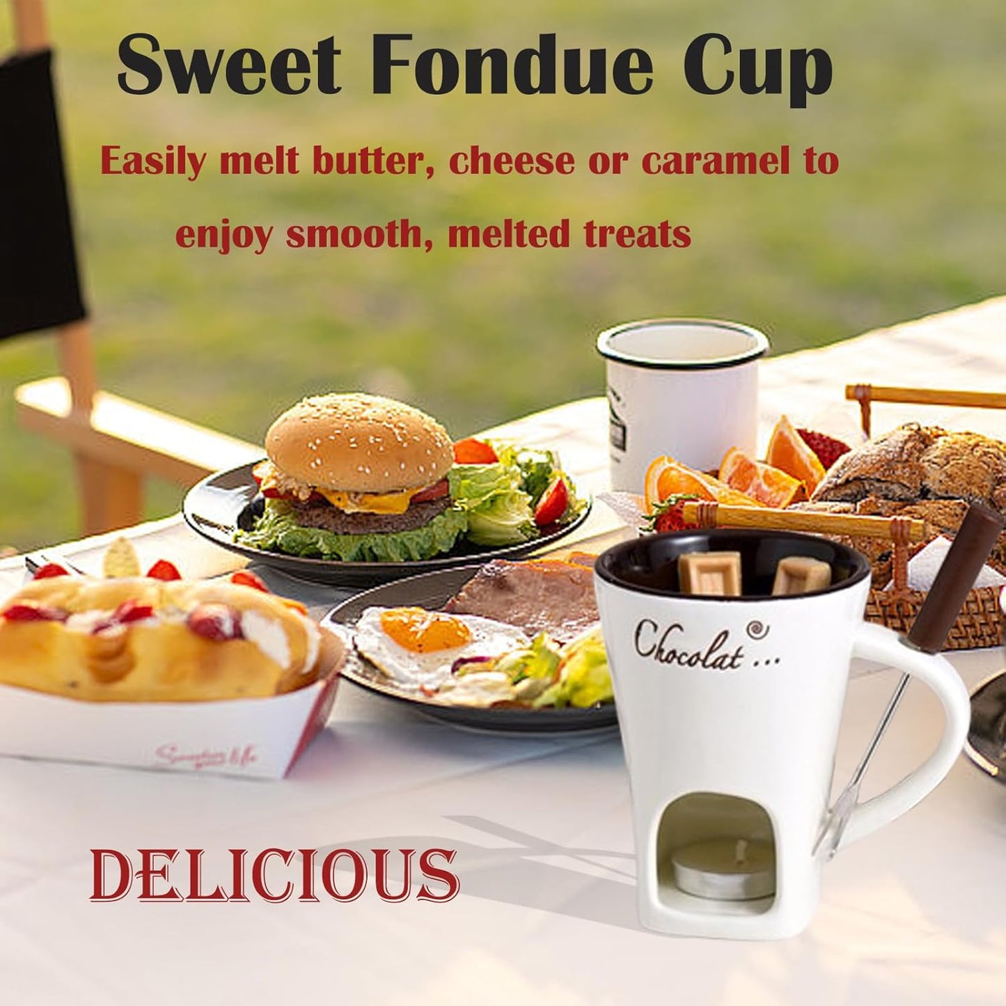 Cilifer®Sweet Fondue Cup. Ceramic Chocolate Melting Cups Tealight with Fork
